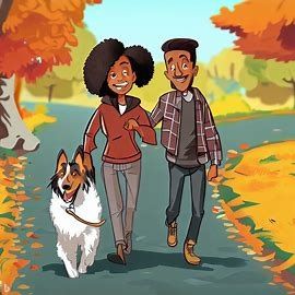 Limericks - Woman and man walking a dog in autumn 