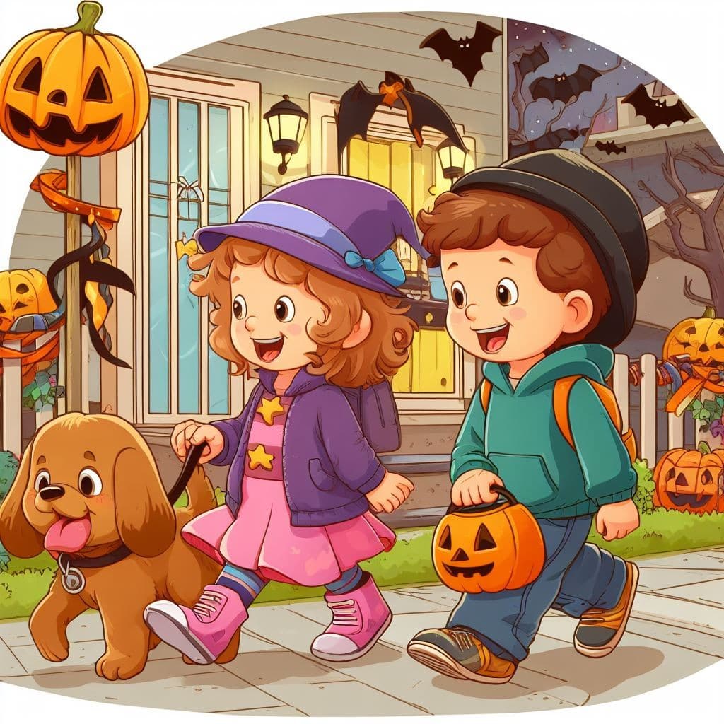 Kids walking a dog at Halloween